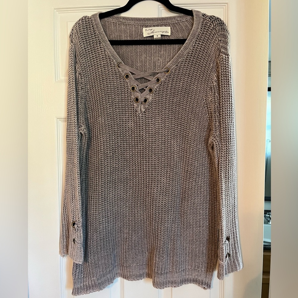 Vintage Havana Medium Sweater with Criss across Lace-up Design on front/sleeves